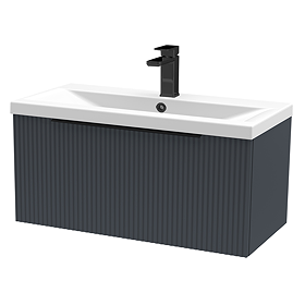 Venice Fluted 800mm Anthracite Vanity Unit - Wall Hung Single Drawer Unit with Matt Black Handle