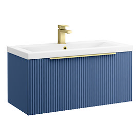 Venice Fluted 800mm Blue Vanity Unit - Wall Hung Single Drawer Unit with Brushed Brass Handle