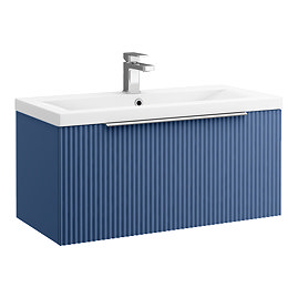 Venice Fluted 800mm Blue Vanity Unit - Wall Hung Single Drawer Unit with Chrome Handle