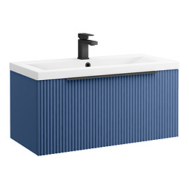 Venice Fluted 800mm Blue Vanity Unit - Wall Hung Single Drawer Unit with Matt Black Handle