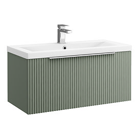 Venice Fluted 800mm Green Vanity Unit - Wall Hung Single Drawer Unit with Chrome Handle