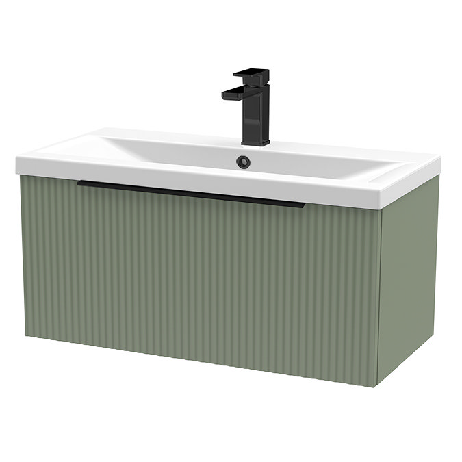 Venice Fluted 800mm Green Vanity Unit - Wall Hung Single Drawer Unit with Matt Black Handle