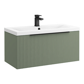 Venice Fluted 800mm Green Vanity Unit - Wall Hung Single Drawer Unit with Matt Black Handle