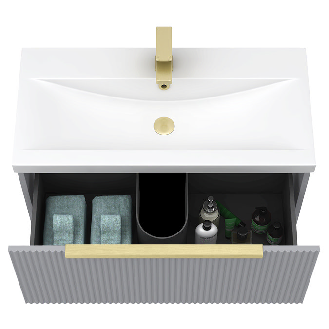 Venice Fluted 800mm Grey Vanity Unit - Wall Hung Single Drawer Unit with Brushed Brass Handle