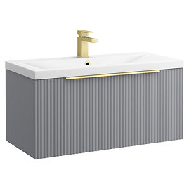 Venice Fluted 800mm Grey Vanity Unit - Wall Hung Single Drawer Unit with Brushed Brass Handle