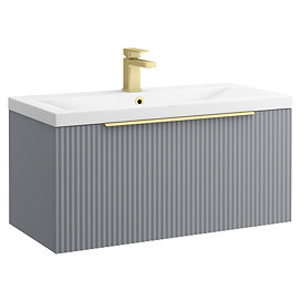 Venice Fluted 800mm Grey Vanity Unit - Wall Hung Single Drawer Unit with Brushed Brass Handle