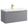 Venice Fluted 800mm Grey Vanity Unit - Wall Hung Single Drawer Unit with Brushed Brass Handle