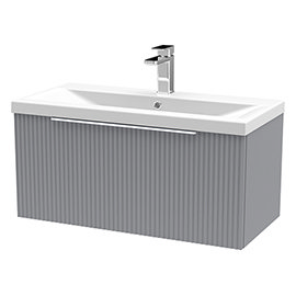 Venice Fluted 800mm Grey Vanity Unit - Wall Hung Single Drawer Unit with Chrome Handle Medium Image