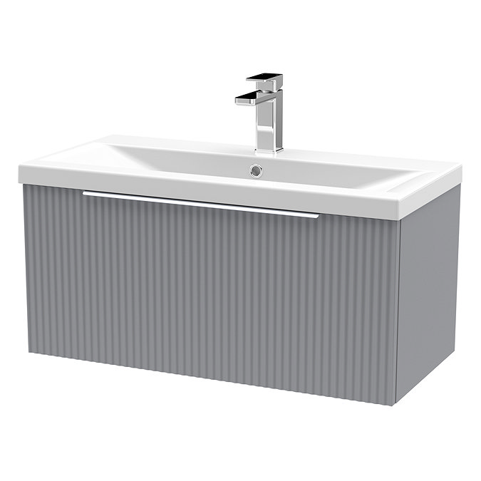 Venice Fluted 800mm Grey Vanity Unit - Wall Hung Single Drawer Unit with Chrome Handle Large Image