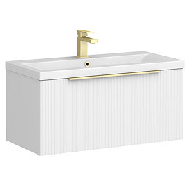 Venice Fluted 800mm White Vanity Unit - Wall Hung Single Drawer Unit with Brushed Brass Handle