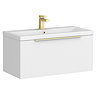 Venice Fluted 800mm White Vanity Unit - Wall Hung Single Drawer Unit with Brushed Brass Handle