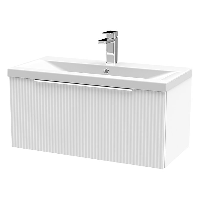 Venice Fluted 800mm White Vanity Unit - Wall Hung Single Drawer Unit with Chrome Handle Large Image