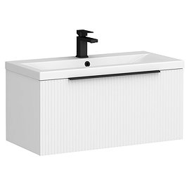 Venice Fluted 800mm White Vanity Unit - Wall Hung Single Drawer Unit with Matt Black Handle