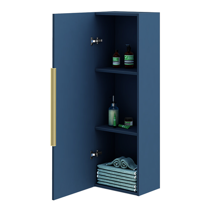 Venice Fluted Wall Hung Tall Storage Cabinet - Satin Blue with Brushed Brass Handle