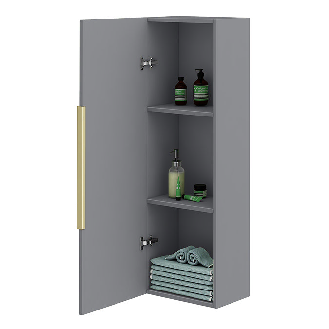 Venice Fluted Wall Hung Tall Storage Cabinet - Satin Grey with Brushed Brass Handle