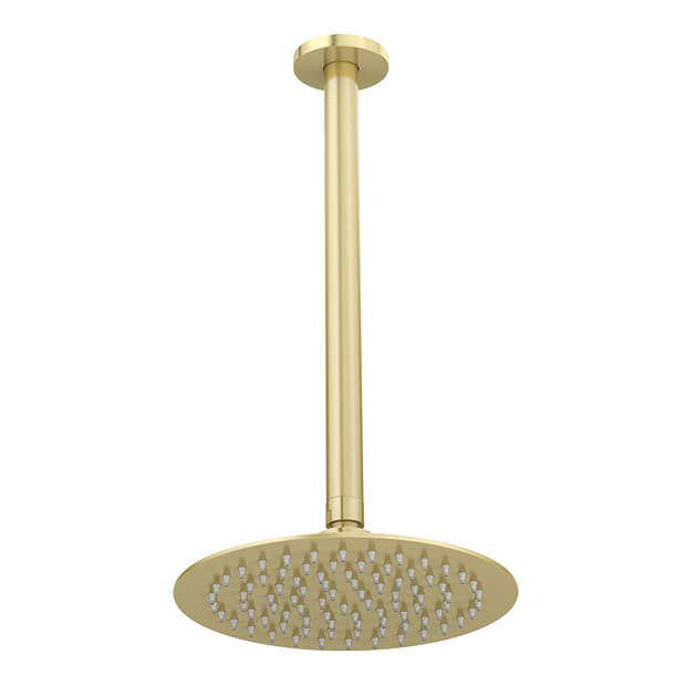Venice Giro 200mm Round Brushed Brass Fixed Shower Head + 300mm Ceiling Mounted Arm Large Image