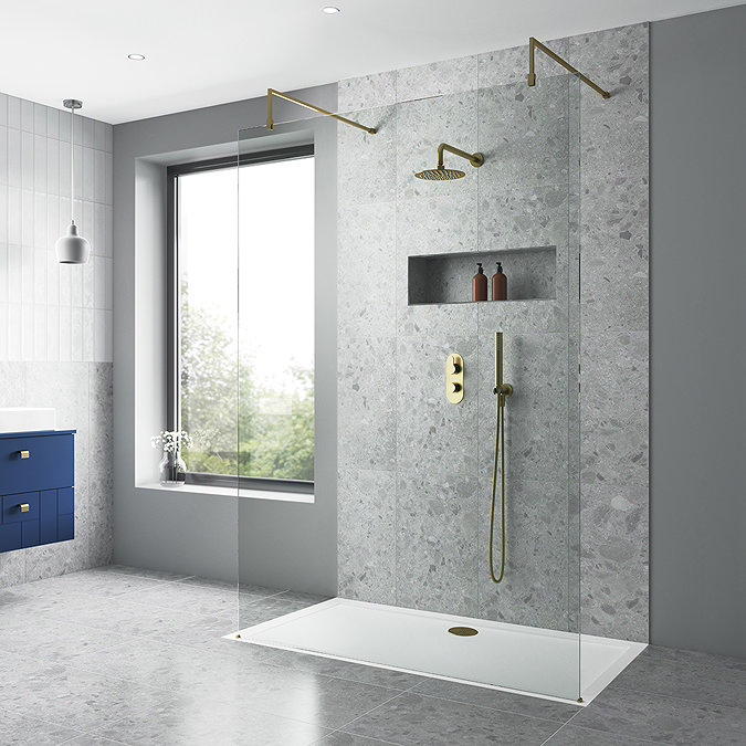 Venice Giro Brushed Brass Shower Head with Wall Mounted Arm - 200mm  Profile Large Image