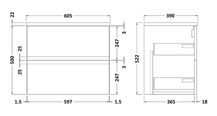 Venice Linea 600mm Rustic Oak Vanity - Wall Hung 2 Drawer Unit with ...