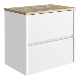 Venice Linea 600mm Satin White Vanity - Wall Hung 2 Drawer Unit with Rustic Oak Worktop