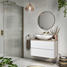 Venice Linea 800mm Satin White Vanity - Wall Hung 2 Drawer Unit with Rustic Oak Worktop
