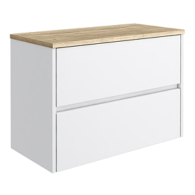 Venice Linea 800mm Satin White Vanity - Wall Hung 2 Drawer Unit with Rustic Oak Worktop