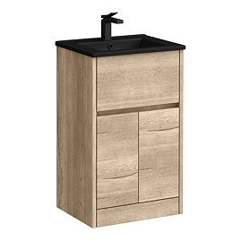 Venice Linea Floor Standing Vanity Unit w. Drawer and 2-Doors - Rustic Oak - 500mm with Matt Black Slimline Basin
