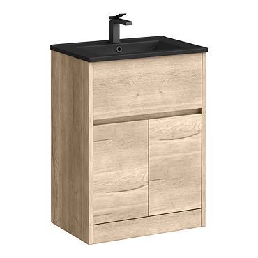 Venice Linea Floor Standing Vanity Unit w. Drawer and 2-Doors - Rustic Oak - 600mm with Matt Black Slimline Basin