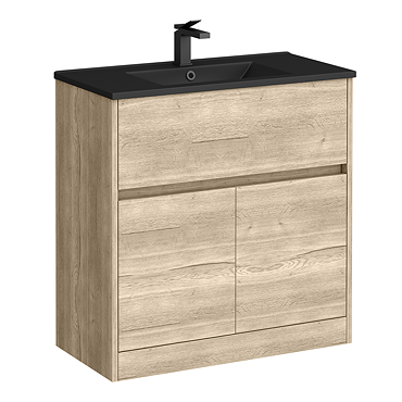 Venice Linea Floor Standing Vanity Unit w. Drawer and 2-Doors - Rustic Oak - 800mm with Matt Black Slimline Basin