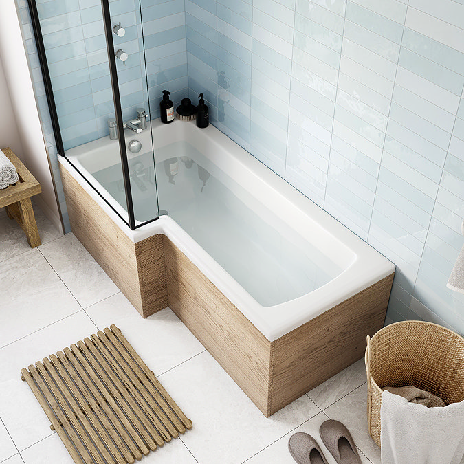 Venice Linea Rustic Oak Bathroom Suite (with Oval Basin, Vanity Unit, WC Unit & L-Shaped Bath)