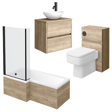 Venice Linea Rustic Oak Bathroom Suite (with Oval Basin, Vanity Unit, WC Unit + L-Shaped Bath)