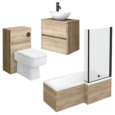 Venice Linea Rustic Oak Bathroom Suite (with Oval Basin, Vanity Unit, WC Unit + L-Shaped Bath)