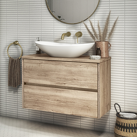 Venice Linea Rustic Oak Countertop Basin Unit - 800mm 2 Drawer with Oval Gloss White Basin