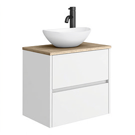 Venice Linea 600mm Wall Hung Satin White Vanity Unit & Gloss White Countertop Basin – Rustic Oak Effect Worktop