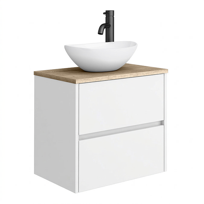 Venice Linea 600mm Wall Hung Satin White Vanity Unit & Gloss White Countertop Basin – Rustic Oak Effect Worktop