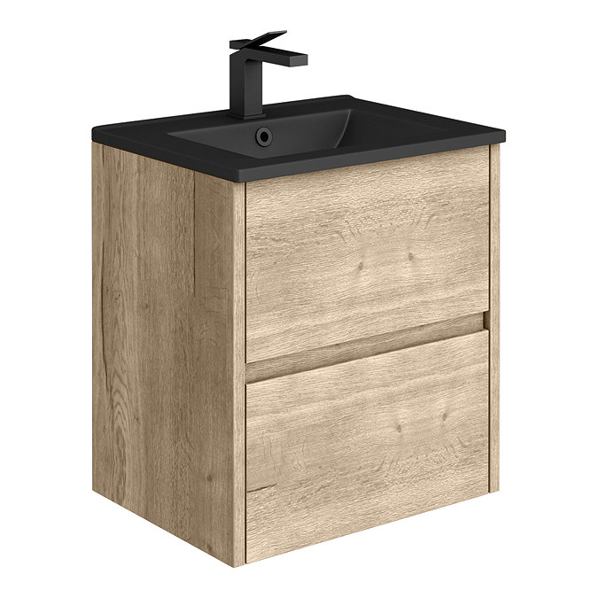 Venice Linea Wall Hung 2-Drawer Vanity Unit - Rustic Oak - 500mm with Matt Black Slimline Basin