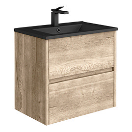 Venice Linea Wall Hung 2-Drawer Vanity Unit - Rustic Oak - 600mm with Matt Black Slimline Basin