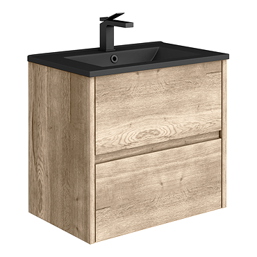 Venice Linea Wall Hung 2-Drawer Vanity Unit - Rustic Oak - 600mm with Matt Black Slimline Basin