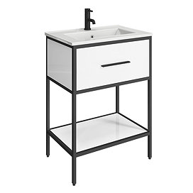 Venice Matt Black 600mm Framed Washstand and Basin inc. Tap + Waste Large Image