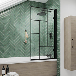 Venice Matt Black 8mm Glass Abstract Grid Hinged Bath Screen (830 x 1520mm) Large Image