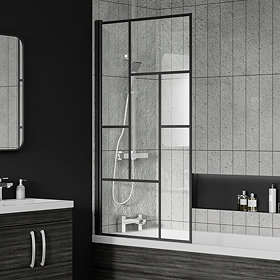 Venice Matt Black Abstract Grid Hinged Bath Screen (800 x 1400mm) Large Image