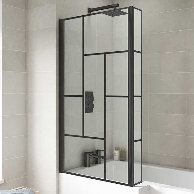 Venice Matt Black Abstract Grid L-Shaped Hinged Bath Screen