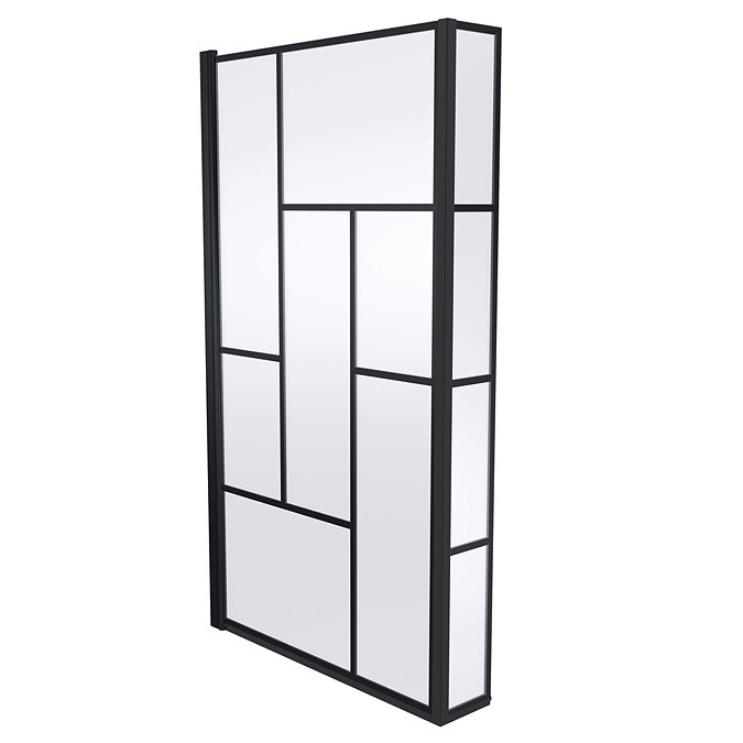 Venice Matt Black Abstract Grid L-Shaped Hinged Bath Screen Large Image