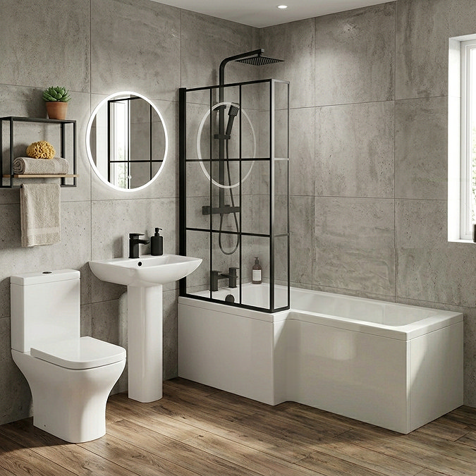 Venice Matt Black Complete Modern Bathroom Package with L-Shaped Bath