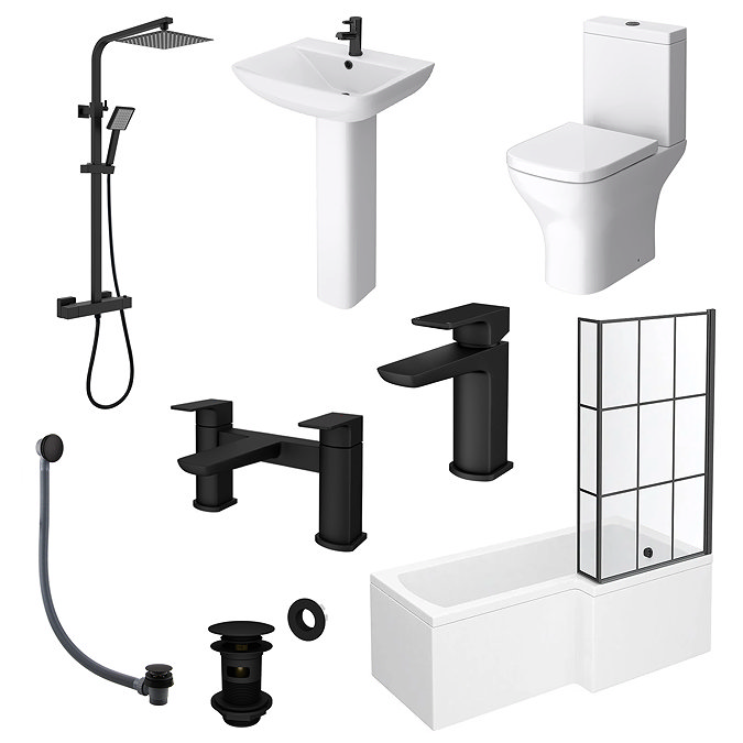 Venice Matt Black Complete Modern Bathroom Package with L-Shaped Bath