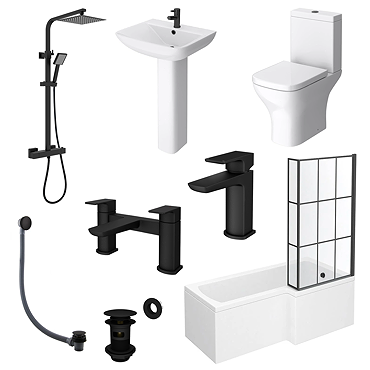 Venice Matt Black Complete Modern Bathroom Package with L-Shaped Bath