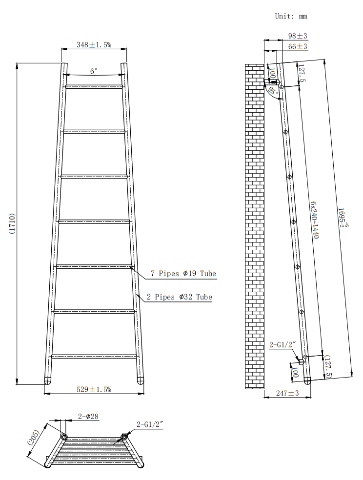 Venice Matt Black Leaning Ladder 1800 x 500mm Heated Towel Rail