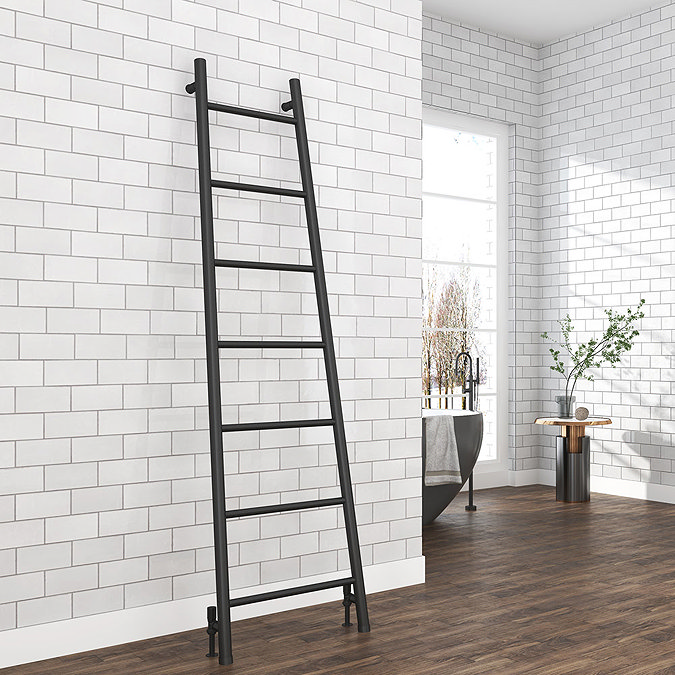 Venice Matt Black Leaning Ladder 1800 x 500mm Heated Towel Rail Large Image