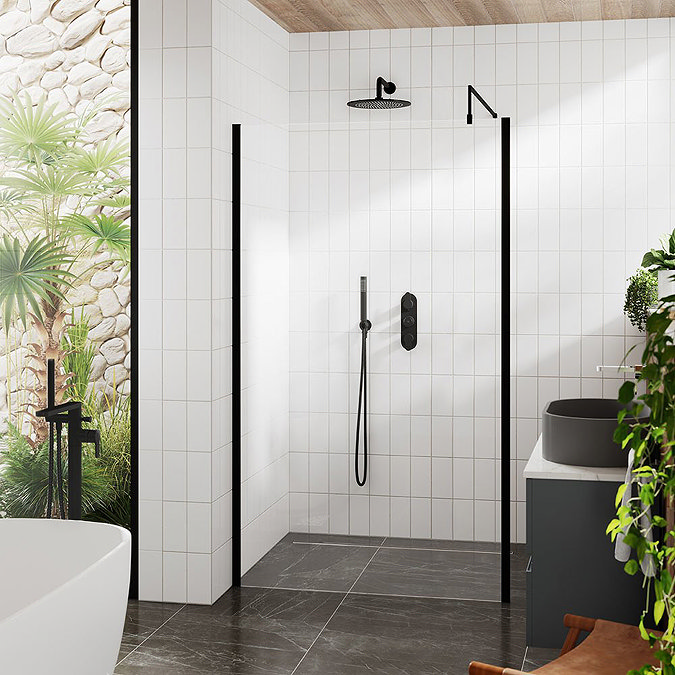 Venice Matt Black Outer Framed 8mm Wetroom Screen with Support Arm (1950mm High) - Various Sizes Fe