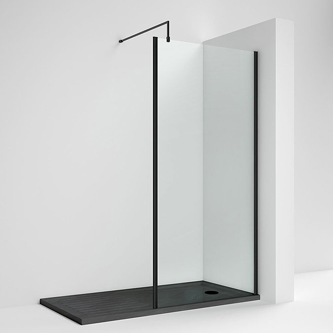 Venice Matt Black Outer Framed 8mm Wetroom Screen with Support Arm (1950mm High) - Various Sizes St