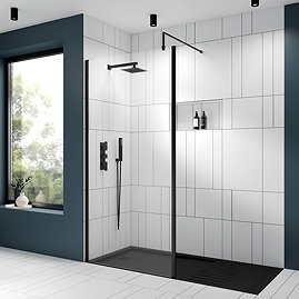 Venice Matt Black Outer Framed 8mm Wetroom Screen with Support Arm (1950mm High)